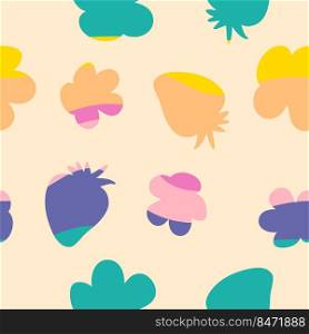 Rainbow silhouette strawberries and flowers seamless pattern. Retro groovy print for tee, fabric, paper, textile in 1960 style. Wavy vector background for decor and design.
