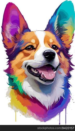 Rainbow Splash: Colorful and Realistic Corgi Dog Head Illustration in a Painterly Style for Epic T-Shirt Design