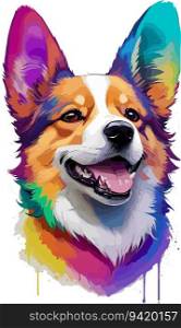 Rainbow Splash: Colorful and Realistic Corgi Dog Head Illustration in a Painterly Style for Epic T-Shirt Design