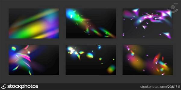 Rainbow streaks and flare, reflection light from crystal, glass or gem. Vector realistic illustration set of refraction and light leak effects, bright spectrum sparks from lens. Rainbow streaks and flare, reflection light