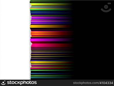 Rainbow striped ribbon background with white panel and torn edge