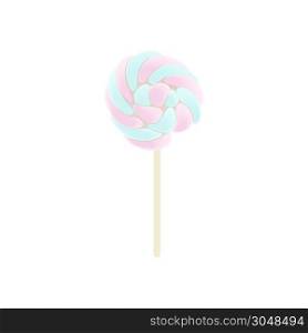Rainbow swirl lollipop, vector icon. Sweet candy isolated blue and rose icing and sprinkles, stripes. Vector illustration. Confection, sweets. For decoration, food, blog, web, print, label tag