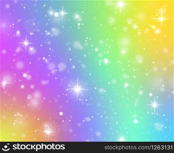Rainbow texture. Fantasy unicorn galaxy, stars in holographic sky and bokeh, iridescent gradient hologram with glitter effect vector magical coloring pattern background. Rainbow texture. Fantasy unicorn galaxy, stars in holographic sky and bokeh, iridescent gradient hologram with glitter effect vector background