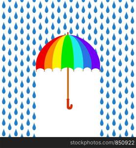 Rainbow umbrella under rain, greeting card, stock vector illustration