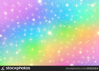 Rainbow unicorn background. Girlie princess sky with stars and sparkles. Gradient holographic fantasy backdrop. Vector abstract iridescent texture. Rainbow unicorn background. Girlie princess sky with stars and sparkles. Gradient holographic fantasy backdrop. Vector abstract iridescent texture.