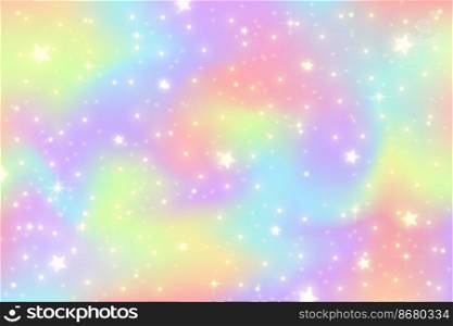 Rainbow unicorn background. Girlie princess sky with stars and sparkles. Gradient holographic fantasy backdrop. Vector abstract iridescent texture. Rainbow unicorn background. Girlie princess sky with stars and sparkles. Gradient holographic fantasy backdrop. Vector abstract iridescent texture.
