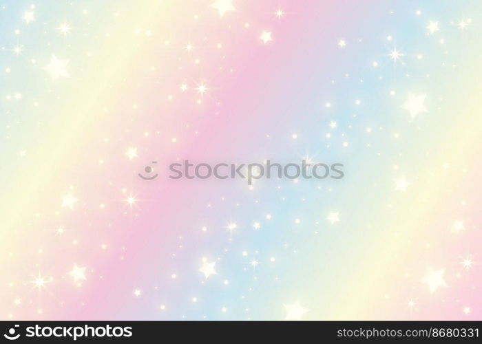 Rainbow unicorn background. Girlie princess sky with stars and sparkles. Gradient holographic pastel fantasy backdrop. Vector abstract iridescent texture. Rainbow unicorn background. Girlie princess sky with stars and sparkles. Gradient holographic pastel fantasy backdrop. Vector abstract iridescent texture.