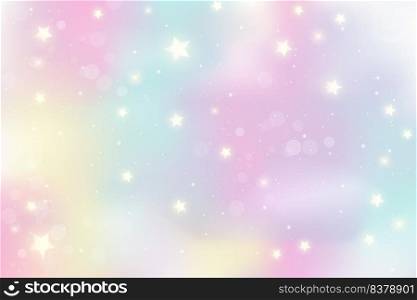 Rainbow unicorn background. Holographic illustration in pastel colors. Cute cartoon girly wallpaper. Bright multicolored sky with stars. Vector illustration. Rainbow unicorn background. Holographic illustration in pastel colors. Cute cartoon girly wallpaper. Bright multicolored sky with stars. Vector.