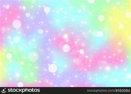 Rainbow unicorn background. Pastel gradient color sky with glitter stars and bokeh. Magic galaxy space. Vector fairy abstract pattern. Rainbow unicorn background. Pastel gradient color sky with glitter stars and bokeh. Magic galaxy space. Vector fairy abstract backdrop