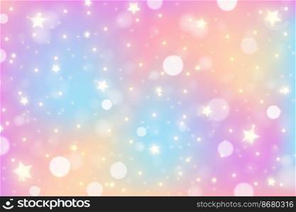 Rainbow unicorn background. Pastel gradient color sky with glitter stars and bokeh. Magic galaxy space. Vector fairy abstract pattern. Rainbow unicorn background. Pastel gradient color sky with glitter stars and bokeh. Magic galaxy space. Vector fairy abstract pattern.