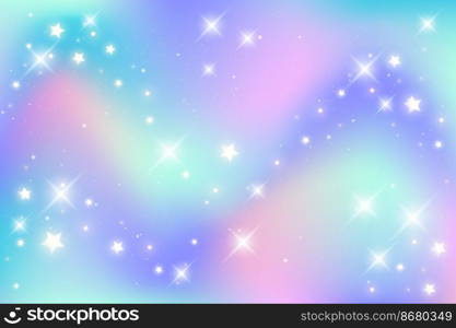 Rainbow unicorn background. Pastel gradient color sky with glitter stars and bokeh. Magic galaxy space. Vector fairy abstract wavy pattern. Rainbow unicorn background. Pastel gradient color sky with glitter stars and bokeh. Magic galaxy space. Vector fairy abstract wavy pattern.