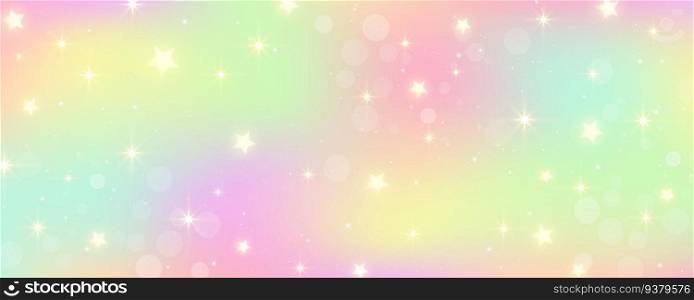 Rainbow unicorn background. Pastel pink color sky with stars. Holographic fantasy print with bokeh. Vector wallpaper for princess girl design. Rainbow unicorn background. Pastel pink color sky with stars. Holographic fantasy print with bokeh. Vector wallpaper for princess girl design.