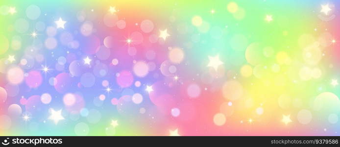 Rainbow unicorn background. Pastel pink color sky with stars. Holographic fantasy print with bokeh. Vector wallpaper for princess girl design. Rainbow unicorn background. Pastel pink color sky with stars. Holographic fantasy print with bokeh. Vector wallpaper for princess girl design.