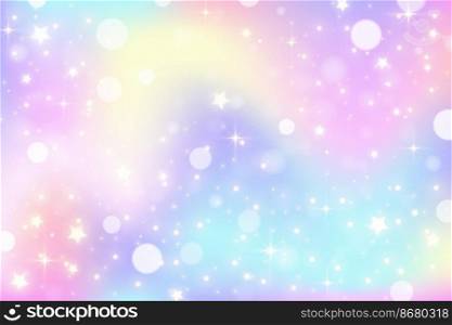 Rainbow unicorn background. Pastel wavy gradient color sky with glitter and bokeh. Magic galaxy space and stars. Vector abstract pattern. Rainbow unicorn background. Pastel wavy gradient color sky with glitter and bokeh. Magic galaxy space and stars. Vector abstract pattern.