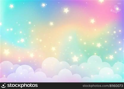 Rainbow unicorn background with clouds and stars. Pastel color sky. Magical landscape, abstract fabulous pattern. Cute candy wallpaper. Vector. Rainbow unicorn background with clouds and stars. Pastel color sky. Magical landscape, abstract fabulous pattern. Cute candy wallpaper. Vector.