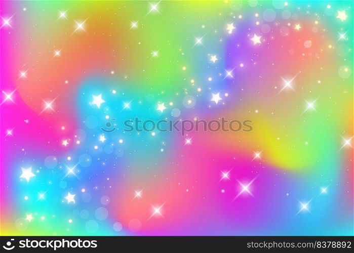Rainbow unicorn fantasy background with bokeh and stars. Holographic bright multicolored sky. Vector. Rainbow unicorn fantasy background with bokeh and stars. Holographic bright multicolored sky. Vector.