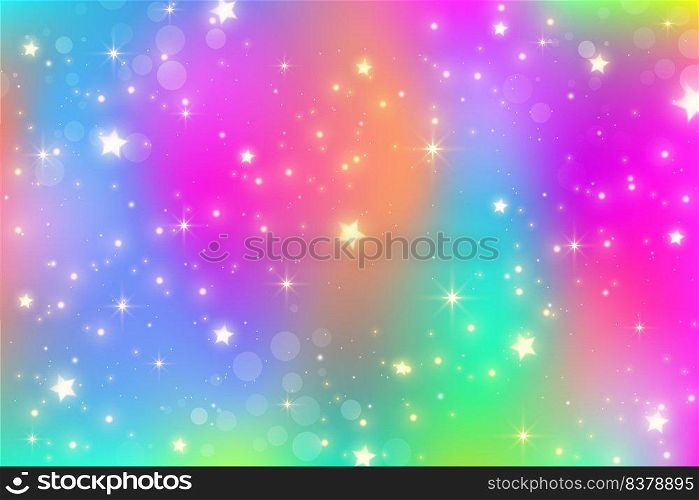 Rainbow unicorn fantasy background with bokeh and stars. Holographic bright multicolored sky. Vector. Rainbow unicorn fantasy background with bokeh and stars. Holographic bright multicolored sky. Vector.