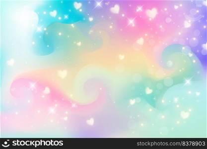 Rainbow unicorn fantasy background with hearts and stars. Holographic illustration in pastel colors. Bright multicolored sky. Vector. Rainbow unicorn fantasy background with hearts and stars. Holographic illustration in pastel colors. Bright multicolored sky. Vector.