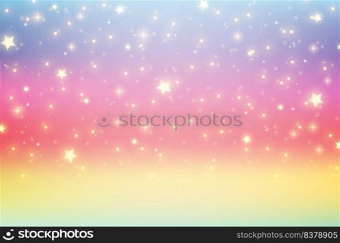 Rainbow unicorn fantasy background with stars. Holographic illustration in pastel colors. Bright multicolored sky. Vector. Rainbow unicorn fantasy background with stars. Holographic illustration in pastel colors. Bright multicolored sky. Vector.