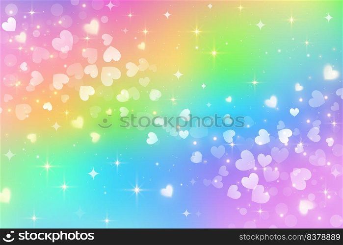 Rainbow unicorn fantasy background with wave of hearts. Holographic bright multicolored sky and stars. Vector. Rainbow unicorn fantasy background with wave of hearts. Holographic bright multicolored sky and stars. Vector.