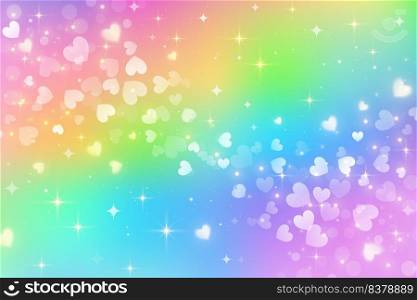 Rainbow unicorn fantasy background with wave of hearts. Holographic bright multicolored sky and stars. Vector. Rainbow unicorn fantasy background with wave of hearts. Holographic bright multicolored sky and stars. Vector.