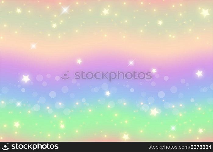 Rainbow unicorn fantasy wavy background with bokeh and stars. Holographic illustration in pastel colors. Bright multicolored sky. Vector. Rainbow unicorn fantasy wavy background with bokeh and stars. Holographic illustration in pastel colors. Bright multicolored sky. Vector.