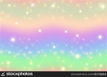 Rainbow unicorn fantasy wavy background with bokeh and stars. Holographic illustration in pastel colors. Bright multicolored sky. Vector. Rainbow unicorn fantasy wavy background with bokeh and stars. Holographic illustration in pastel colors. Bright multicolored sky. Vector.