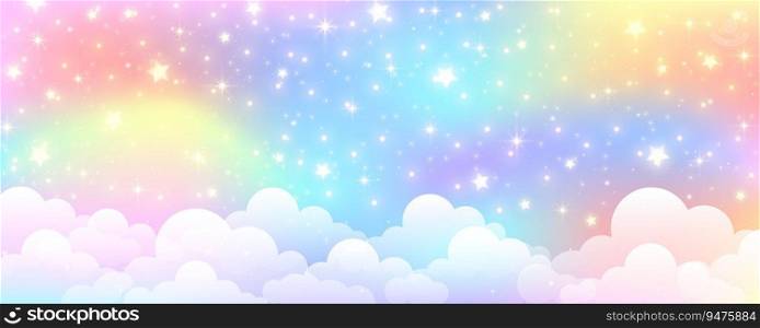 Rainbow unicorn pastel background with glitter stars. Pink cloudy fantasy sky. Cute holographic space. Fairy iridescent gradient backdrop. Vector illustration.. Rainbow unicorn pastel background with glitter stars. Pink cloudy fantasy sky. Cute holographic space. Fairy iridescent gradient backdrop. Vector