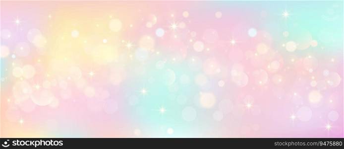 Rainbow unicorn pastel background with glitter stars. Pink fantasy sky. Holographic space with bokeh. Fairy iridescent gradient backdrop. Vector illustration.. Rainbow unicorn pastel background with glitter stars. Pink fantasy sky. Holographic space with bokeh. Fairy iridescent gradient backdrop. Vector
