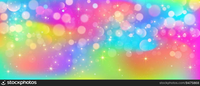 Rainbow unicorn pastel background with glitter stars. Pink wavy fantasy sky. Holographic space with bokeh. Fairy iridescent gradient backdrop. Vector illustration.. Rainbow unicorn pastel background with glitter stars. Pink wavy fantasy sky. Holographic space with bokeh. Fairy iridescent gradient backdrop. Vector