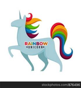 Rainbow unicorn poster with headline, colorful title and amazing horned horse. Fantastic fairy tale creature multicolored tail, mane fringe. Miracle fantasy character isolated on vector illustration. Rainbow unicorn poster with headline title vector illustration