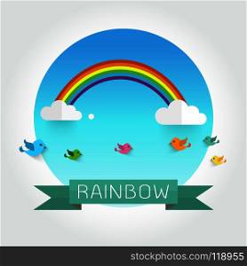 rainbow with bird and clouds in the sky ,on white background Vector illustration