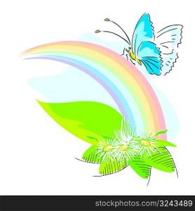 Rainbow with flowers and butterflies vector illustration