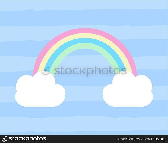 Rainbow with white clouds on modern background. Vector illustration.