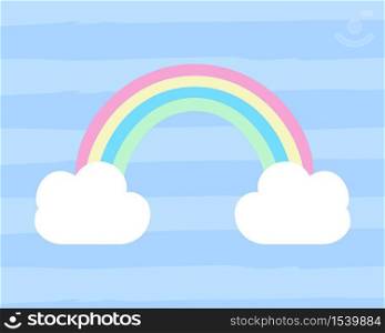 Rainbow with white clouds on modern background. Vector illustration.