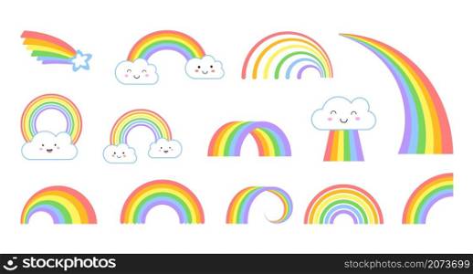 Rainbows. Cartoon flat rainbow icons, funny symbol with kawaii face clouds. Kids weather symbols, isolated colorful arc and tail with star vector. Rainbow face graphic, weather character background. Rainbows. Cartoon flat rainbow icons, funny symbol with kawaii face clouds. Kids weather symbols, isolated colorful arc and tail with star vector set