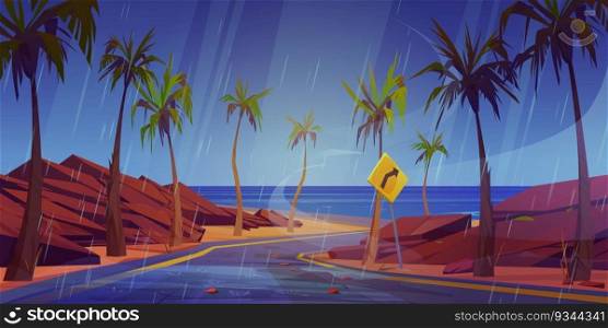 Rainfall on highway to sea beach. Vector cartoon illustration of dangerous road with sharp turn warning sign, rocky stones and palm trees along rainy coastline way, dull gray sky. Stormy weather. Rainfall on highway to sea beach