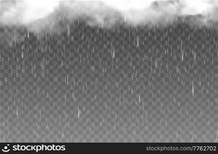 Rainfall water drops and cloudy sky. Falling rain drops, rainy weather transparent background. Autumn heavy rain, showers or stormy weather forecast realistic vector backdrop with fog and clouds. Rainfall water drops and cloudy sky background