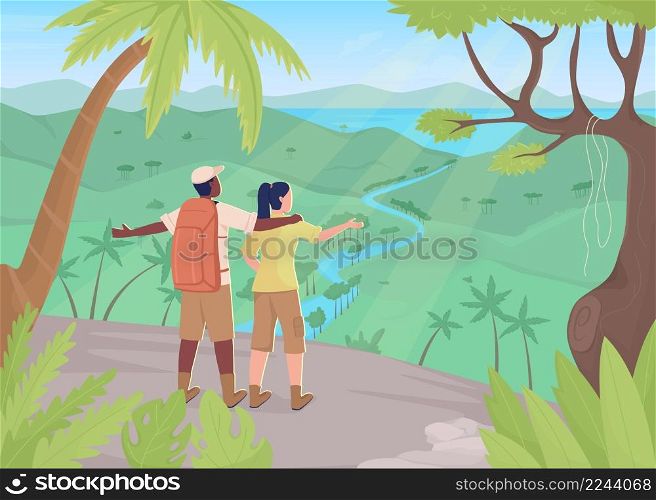 Rainforest destination flat color vector illustration. Tourist attraction. Summer vacation. Excited couple wearing jungle clothes 2D simple cartoon characters with tropical land on background. Rainforest destination flat color vector illustration