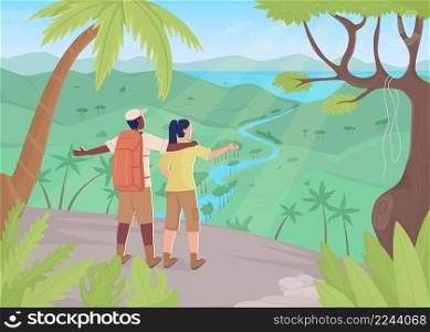 Rainforest destination flat color vector illustration. Tourist attraction. Summer vacation. Excited couple wearing jungle clothes 2D simple cartoon characters with tropical land on background. Rainforest destination flat color vector illustration