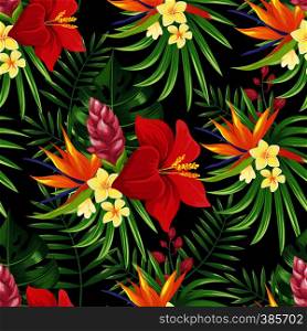Rainforest flowers seamless pattern. Tropical flower leaves, tropic jungle plants and exotic floral branch. Hawaii wallpaper or textile fabric print with monstera leaf vector background. Rainforest flowers seamless pattern. Tropical flower leaves, tropic jungle plants and exotic floral branch vector background