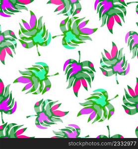 Rainforest palm leaves tropical seamless pattern. Abstract leaf endless wallpaper. Exotic hawaiian jungle backdrop. Design for fabric, textile print, wrapping, cover. Vector illustration. Rainforest palm leaves tropical seamless pattern. Abstract leaf endless wallpaper.