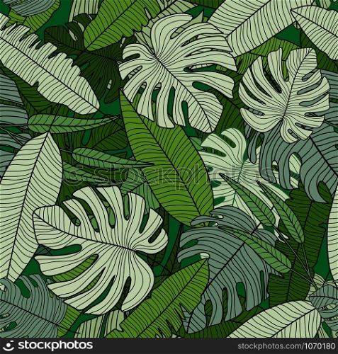 Rainforest seamless pattern. Modern exotic tropical palm leaves backdrop. Design for printing, textile, fabric, fashion, interior, wrapping paper. Vector illustration. Rainforest seamless pattern. Modern exotic tropical palm leaves backdrop.