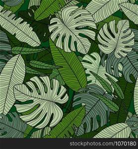 Rainforest seamless pattern. Modern exotic tropical palm leaves backdrop. Design for printing, textile, fabric, fashion, interior, wrapping paper. Vector illustration. Rainforest seamless pattern. Modern exotic tropical palm leaves backdrop.