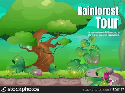 Rainforest tour poster flat vector template. Explore wild tropical nature. Travel to exotic forest. Brochure, booklet one page concept design with cartoon characters. Jungle flyer, leaflet