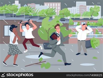 Rainstorm flat color vector illustration. Stressed people running from rainfall 2D cartoon characters with cityscape on background. Stressful situation, mass hysteria. Bad weather, natural disaster. Rainstorm flat color vector illustration
