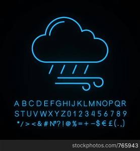 Rainy and windy weather neon light icon. Rain and wind. Storm. Stormy. Heavy rain. Weather forecast. Glowing sign with alphabet, numbers and symbols. Vector isolated illustration. Rainy and windy weather neon light icon