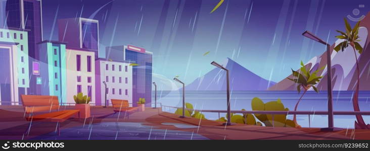 Rainy city embankment, bench on street near river and downtown building vector landscape. Seaside town with falling water drops cartoon background. Empty tropical urban quay, mountain skyline view. Rainy city embankment, bench on street near river