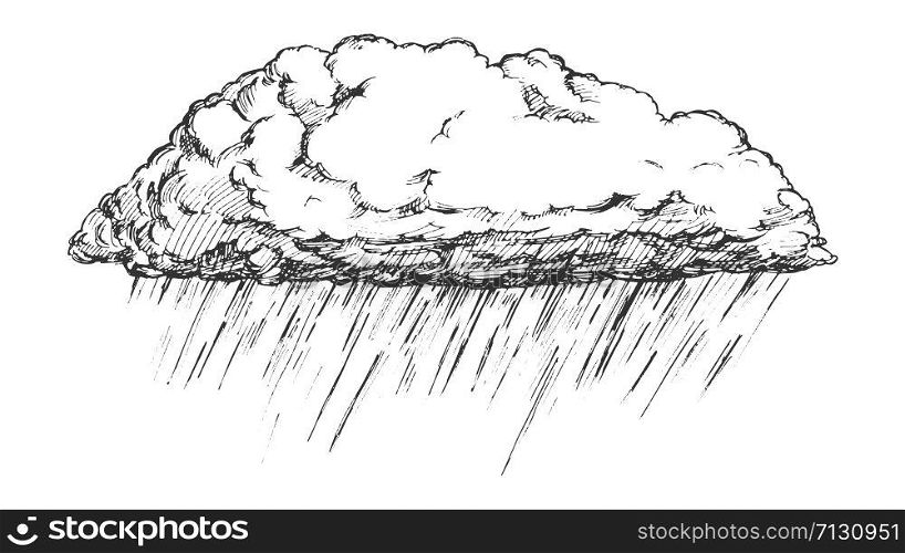 Rainy Cloud And Falling Water Drop Retro Vector. Autumn Season Sky Element Downpour Cloud. Cloudscape And Rain Engraving Concept Template Hand Drawn In Vintage Style Black And White Illustration. Rainy Cloud And Falling Water Drop Retro Vector