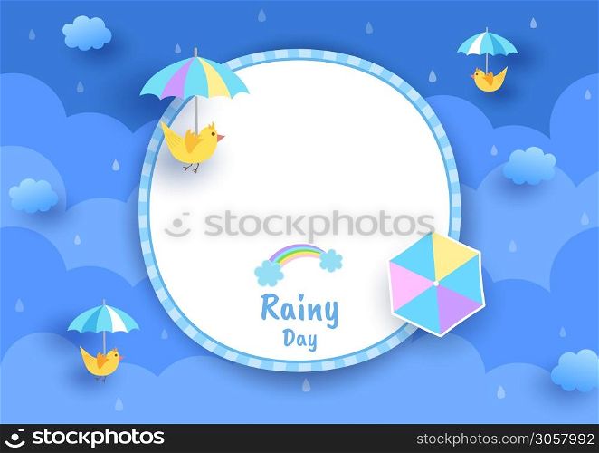 Rainy day background with umbrella bird on circle frame template